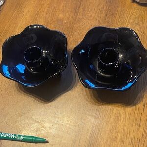Vintage Fenton Art glass black amethyst 6 petal lotus candlestick holder. Set 2